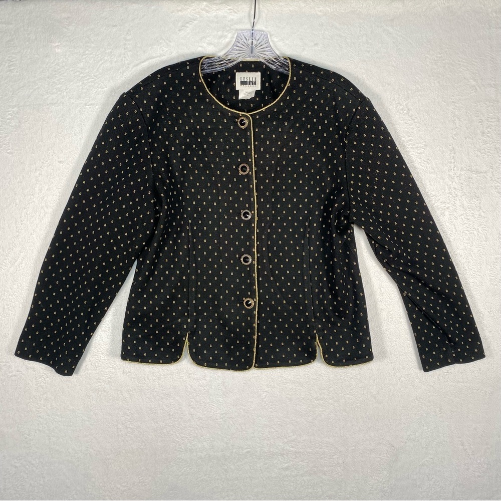 Vintage Leslie Fay Evening Jacket 18 Black Gold Metallic Knit Cocktail Party